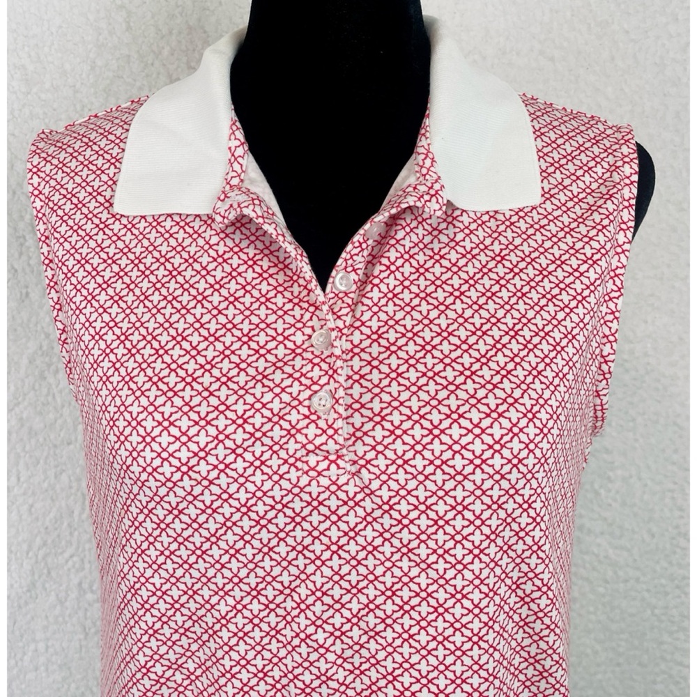 LANDS’ END • Red/White Geometric Print Sleeveless Collared Polo Top, M - Picture 4 of 16